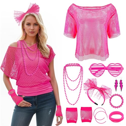 Guegine 18 Pcs 80S Fancy Dress For Women, 80S Accessories For Women, Contains Glasses, Tops, Necklaces, Headbands, Gloves, Bracelets, Earrings, Bracelets, For Retro Theme Parties