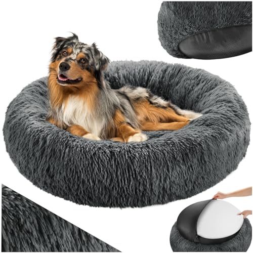 tectake® Lettino per Cani, Cuccia per Cani da Interno con Rivestimento Lavabile in Peluche Lungo, Imbottitura Spessa, Bordo Rialzato, Chiusura Lampo, Nodi Antiscivolo - Ø 70 cm