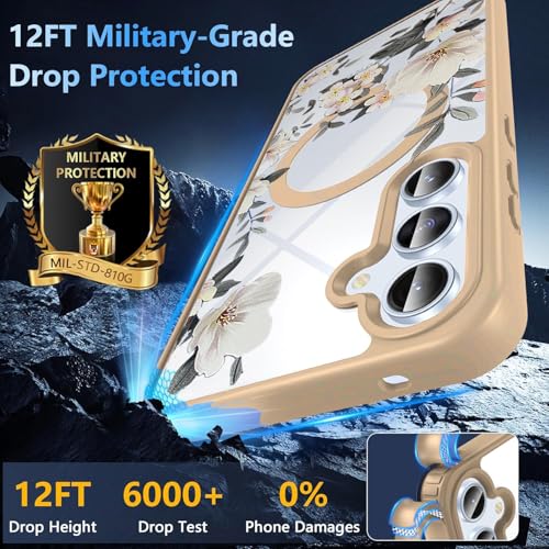 Image of VONZEE Compatible with Samsung Galaxy A16 5G Case Luxury Retro Flowers Floral Clear for Magnetic Wireless Charging Case Shockproof PC+TPU Cute Glossy Shiny Cover for Girls Women, Desert