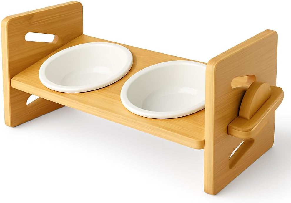 Cutie's PetBox Elevated Food & Water Bowl for Cats and Small Dogs, Adjustable Height Natural Bamboo Stand with Ceramic Dishes