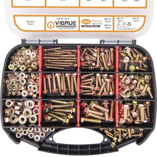 VIGRUE 250pcs Grade 8.8 Metric Bolts and Nuts Assortment Kit, M5 M6 M8 Flange Hex Nuts and Bolts Kit, Yellow Zinc Plated