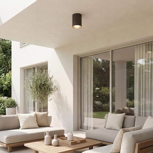 Image of Progress Lighting 5-Inch Cylinder Outdoor Ceiling Light, 1-Light Modern Flush Mount Ceiling Light Fixture, Interior and Exterior Lighting for Home or Porch, Aluminum Construction, Bronze (P5774-20)