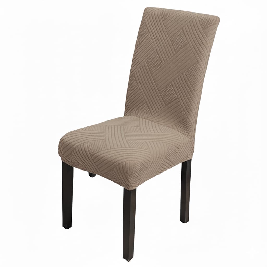 House of Quirk Elegant Jacquard Chair Cover – 220 GSM Stretch Fabric, Universal Fit, Washable Short Dining Seat Protector Slipcover (Khaki, Pack of 1)-image-42
