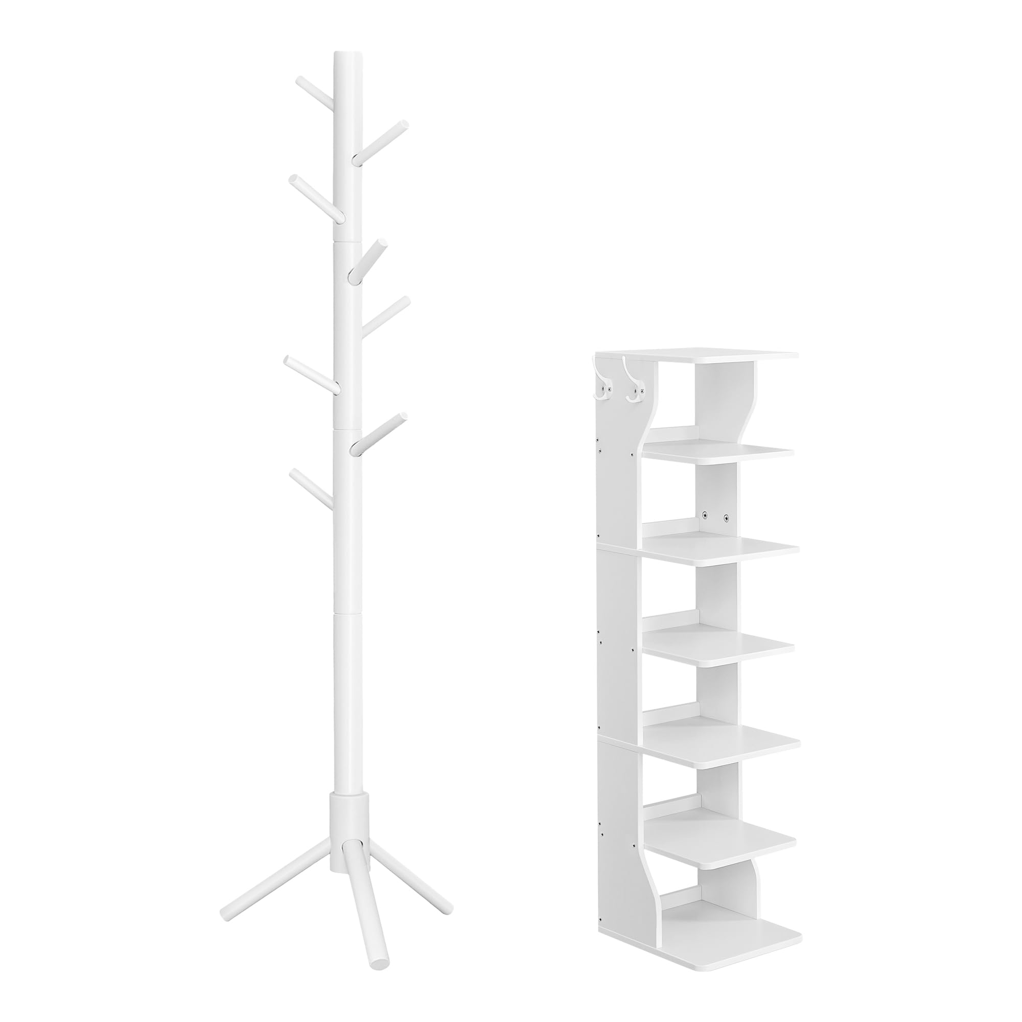VASAGLE Shoe Rack Bundle with Coat Rack, Slim Wooden Corner Shoe Tower Rack, Coat Tree with 8 Hooks, 3 Height Options, Cloud White ULBS200T14 and URCR04WT