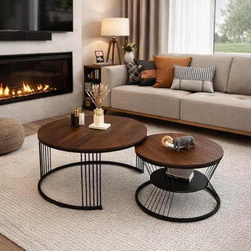 Image of Brown Art SHOPPEE Round Coffee Table Home Decor Furniture Coffee Table Sets,2 Piece MDF Top,Stacking Nesting Table with Iron Frame for Living Room Living Room or Lounge (Black Brown)