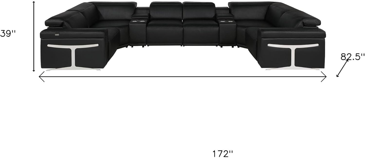 HomeRoots Black Italian Leather Power Reclining U Shaped Eight Piece Corner Sectional with Console