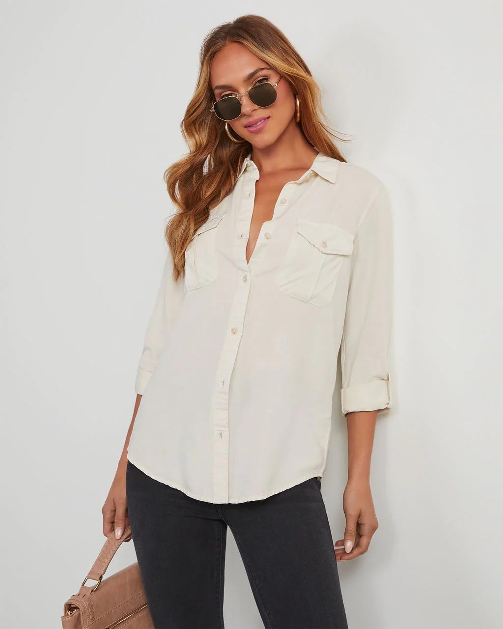 Chemisiers Et Blouses Femme Chemise en Jean pour Femme Décontractée Boutonnée Chemisier De Travail Élégante Retroussée Manches Longues Col en V Tunique en Jean Délavé Chemises D'A