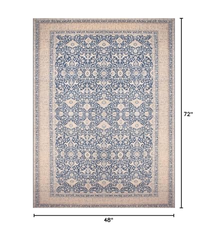 vivorug 4x6 Rug, Small Area Rug for Living Room, Bedroom, Kitchen, Machine Washable Non-Slip Throw Rug, Vintage Floral Carpet for Entryway Nursery Dinner Room - Durable (Blue)