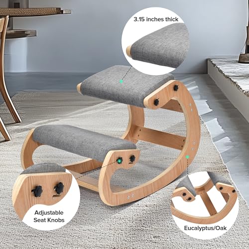 Image of Easyego Kneeling Chair Ergonomic Posture Chair, Wood Adjustable Rocking Knee with Soft Padding, Natural Relief for Neck or Back Pain for Home Office, Max Load 300 lb - Gray