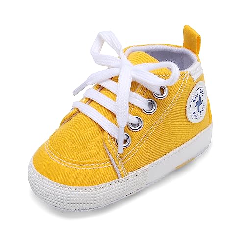 Baby Girls Boys Shoes Soft Anti-Slip Sole Newborn First Walkers Star High Top Canvas Denim Unisex Infant Sneaker(A01-Yellow New,0-6 Months)