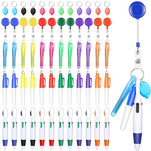 60 Pcs Mini Pens for Nurses Pen Badge Clip with Mini Highlighter Retractable Neon Nurse Pen LED Keychain Clip Flashlight Key Ring Nursing Ballpoint Pen for Nurse Kid Accessories (Mix Color, Reel)