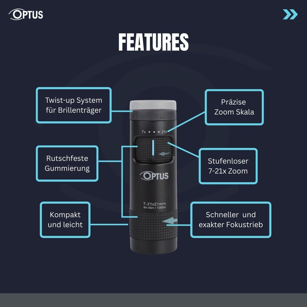 Optus Zoom Monokular 7-21x21 mit Stativanschluss Augenmuschel für Brillenträger kompaktes Fernrohr für Naturbeobachtung Jagd inkl. Tasche