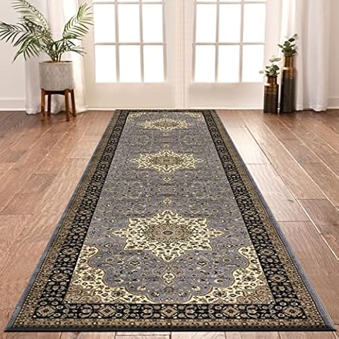Shop Direct 24 Modern Traditional Rugs Living Room Runner Carpets Door Mat with Non Slip Backing for Hallway Entrance Stairs Bedroom Decor (Grey, 60 x 110 cm - Door Mat) Cover