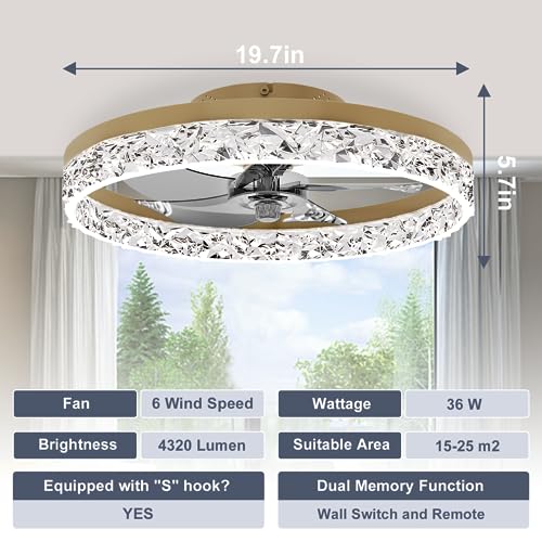 Image of VOLISUN Fandelier Ceiling Fans with Lights and Remote, 19.7in Low Profile Ceiling Fan Flush Mount, 3000K-6500K Dimmable, Modern Ceiling Fans with Lights for Bedroom, Living Room, Kitchen(Gold)