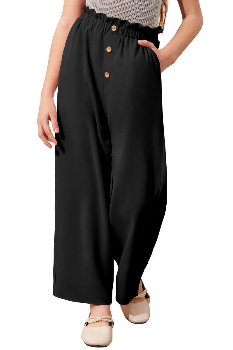 Haloumoning Pantalon large pour fille, taille haute, élastique, Paperbag, pantalon de loisirs pour enfants, couleur unie, pantalon long avec poches