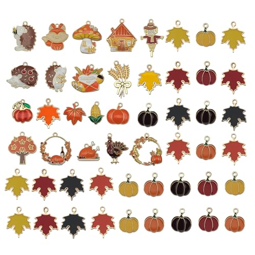 WOCRAFT 50pcs Enamel Fall Charms for Jewelry Making - Thanksgiving Turkey Pumpkin Maple Leaf Crafts DIY Necklace Bracelet Keychain Kit