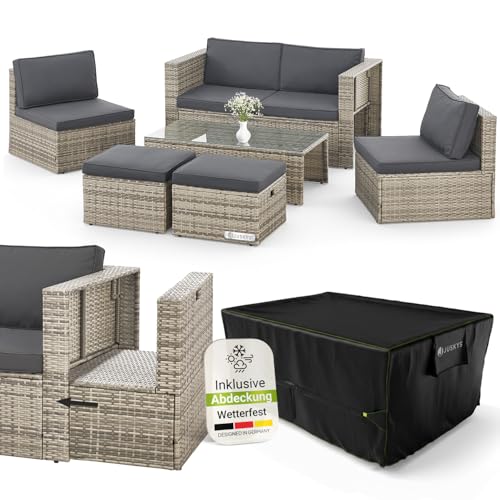 Juskys® Polyrattan Gartenmöbel Set Salou inkl. Abdeckung - Outdoor Lounge wetterfest 6 Personen - Sitzecke mit Tisch & Kissen für Garten, Balkon, Terrasse - Grau