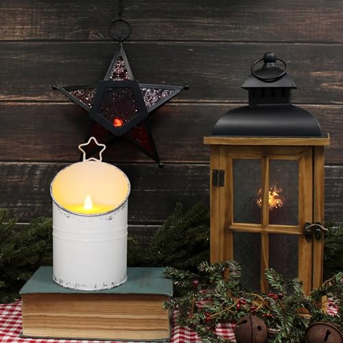 Image of CVHOMEDECO. Vintage Galvanized Can Flameless LED Candle, Real Wax in Antique Galvanized Jar Flickering Candle with Remote Control for Tabletop Wall Decor. H 8 Inch, Cream