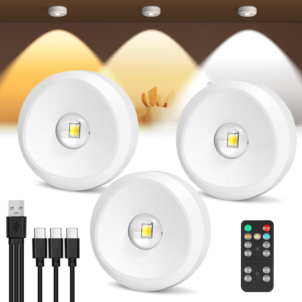 vsshe Under Cabinet Kitchen Lights, Cordless LED Touch Puck Light Rechargeable with Remote Control, 3 Color Temperatures, Timing Function, Magnetic and Stick on Lights for Cupboards, Cabinets, Closet