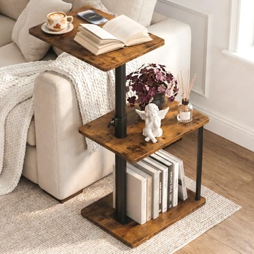 Faesun 360 Swivel Side Table for Height Adjustable C Shaped End Table for Couch with Storage 3-Tier Night Stand with Open Shelf Tv Tray for Small Spaces Living Room Bedroom Rustic Brown