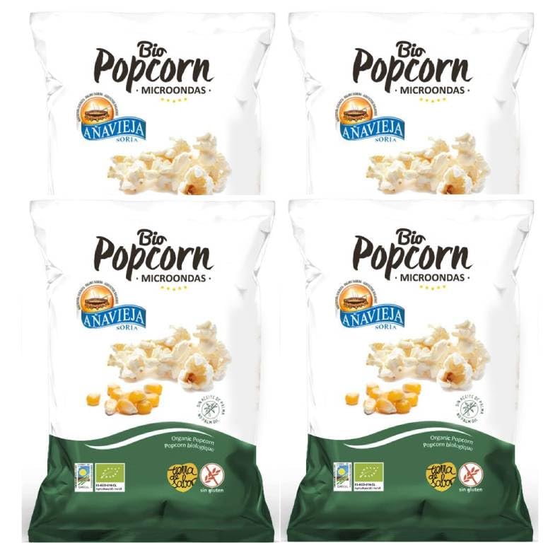 Pack 4x Palomitas de Maíz Añavieja Bio 90 g (360 g total) – Para microondas con aceite de oliva, ecológicas, sin aditivos, crujientes y sabrosas, listas en minutos, snack para compartir