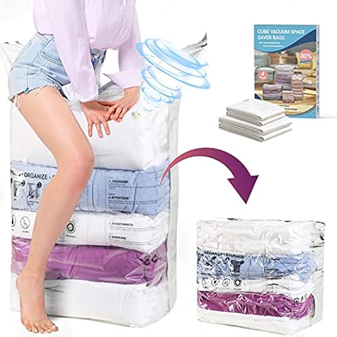 GlobaLink Cube Vacuum Storage Bags, 4 Pack (2 Jumbo+2 Medium) Space Saver Bags, Innovative Valve 5 Seconds Compress Storage Bag Reusable Double Zip Seal for Clothes, Duvets, Blankets - No Pump No Caps Cover