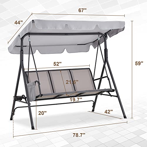 Habutway Outdoor Patio Canopy Swing Chair,Porch Swing With Stand 3 Person,Heavy Duty Outdoor Swings For Deck,Backyard,Poolside,Textilene Fabric,Steel Frame,Storage Pocket,Utility Tray (Gray) #TOP5