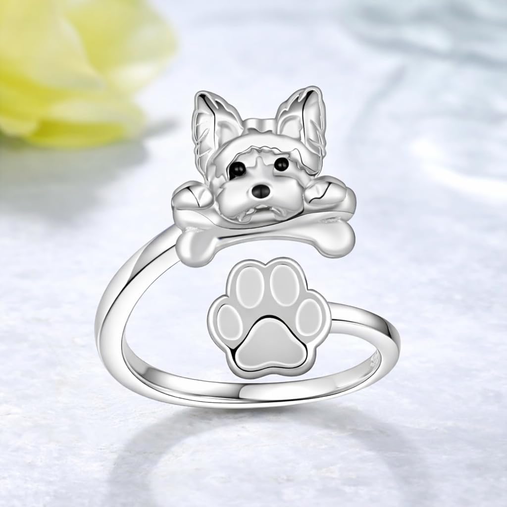 SUPAC German Shepherd, Yorkie, Pug Dog Paw Adjustable Ring, Sterling Silver, Paw Print Design with Crystal Accents - Christmas, Birthday, or Party Ring