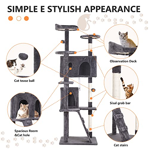 Image of BestPet | 70 inch Cat Tree Tower | Light Gray | Sturdy Multi-Level Cat Tree