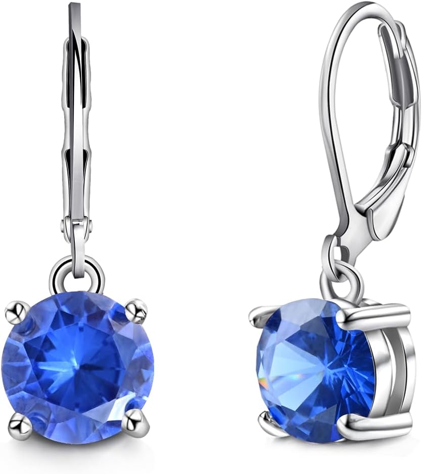8MM Round Crystal Leverback Earrings, Vintage Style Birthstone Jewelry for Women, Sapphire, Garnet, Emerald Fashion Drop Dangle Earrings