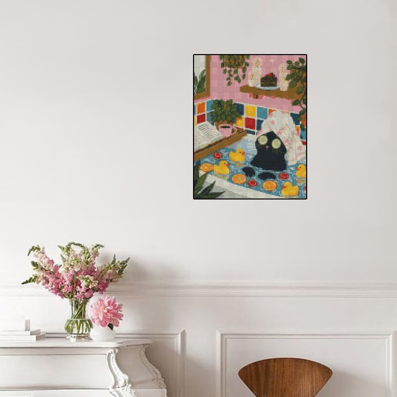 Image of Bathtub Stamped Cross Stitch Kits Printed Dimensions Embroidery Art Craft | Black Cat Counting Cross Stitch Kit for Adult Beginners, Full Line DIY Dimensions Stitching Kit, 11CT Embroidery Patterns