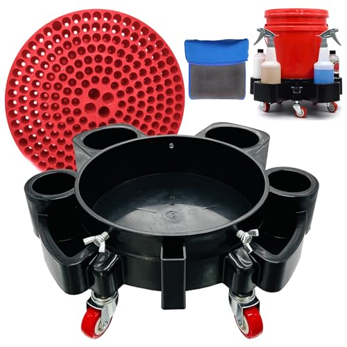 Paquete de cubeta de lavado de coche con filtro de sedimentos y guante de lavado, 5 ruedas giratorias, 2 con frenos, cubos rodantes fáciles de empujar para limpieza de automóviles y proyectos de