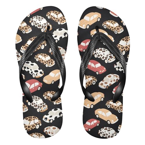 ALAZA Leopard Print Cars Flip Flops for Women Fashion Beach Slippers Comfort Mens Flip Flops Non-Slip Rubber Shower Slippers Sandal for Hotel Travel Sport,XS