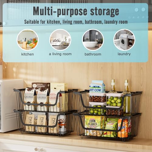 4 Pcs Stackable Wire Baskets for Pantry Organizers and Storage,Vegetable Fruit Basket for Countertop,Kitchen Storage Metal Baskets,Produce Potato Onion Storage Bin,Black - Image 6