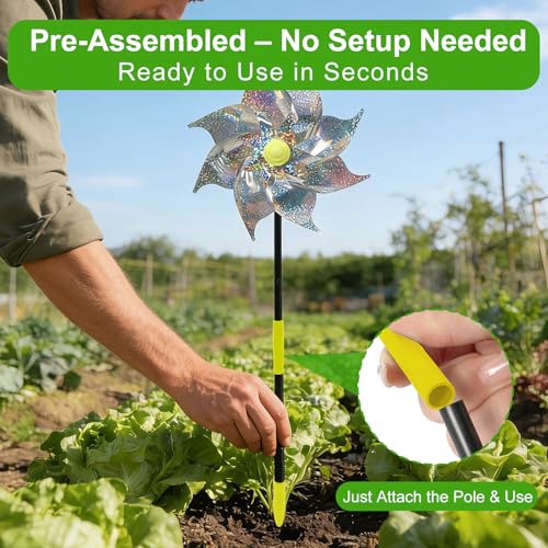 Reflective Pre-Assembled Bird Pinwheels, 12 Pack Foil Bird Scare Wind Spinners with Stakes for Outdoor Yard, Garden, Patio, Farm and Orchard to Keep Birds and Animals Away by BobbleT - Image 2