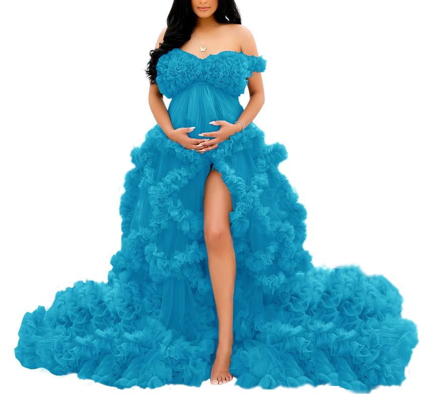 ZQSEP Puffy Tulle Robe for Maternity Photoshoot Ruffles V Neck Illusion Bridal Lingerie Bathgown Baby Shower Dress