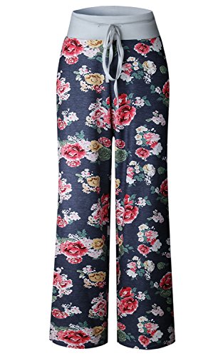 Image of AMiERY Women's Comfy Casual Pajama Pants Floral Print Drawstring Palazzo Lounge Pants Wide Leg