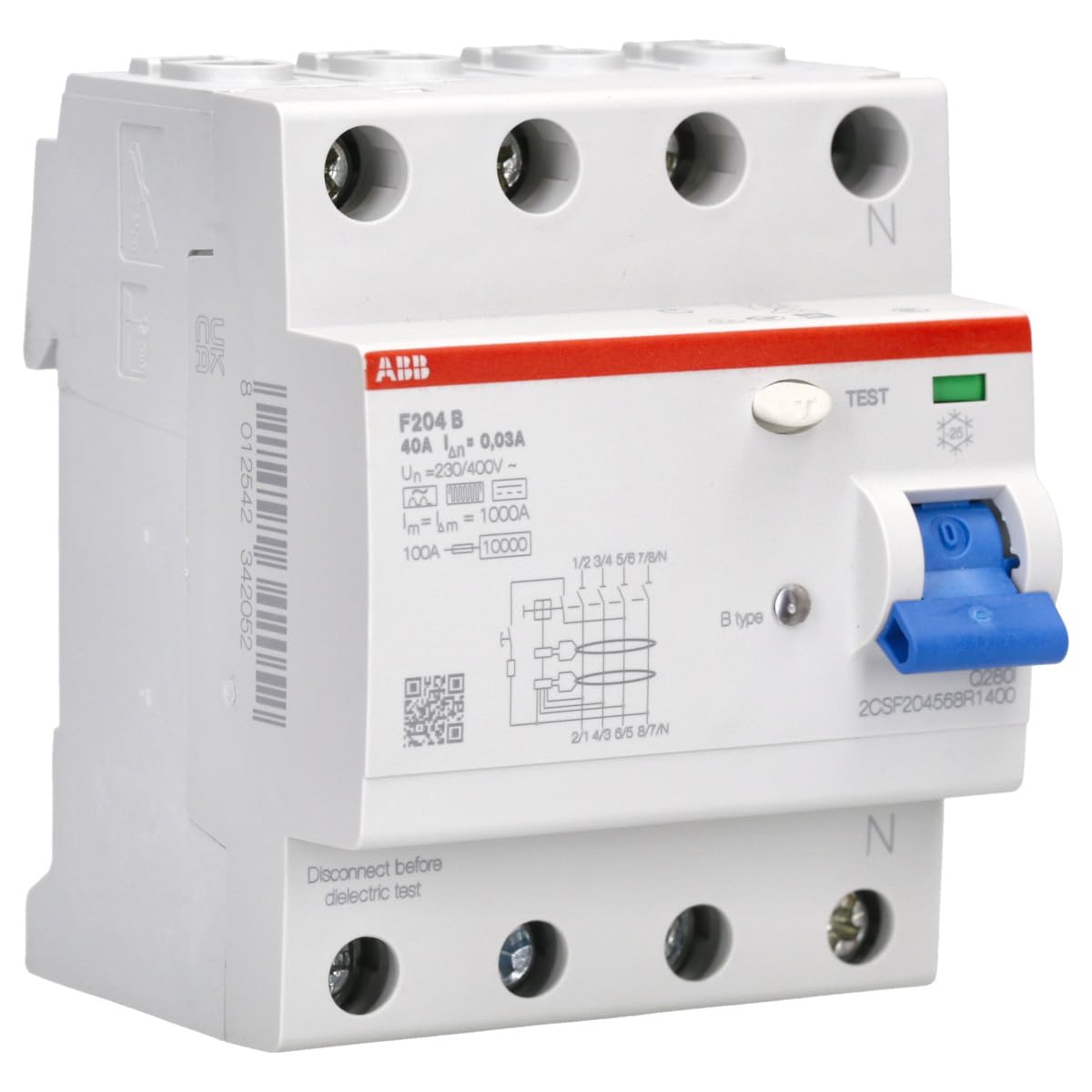 ABB F200 RCCB, 40A, 4 Pole, 30mA, Type B, 230/400V