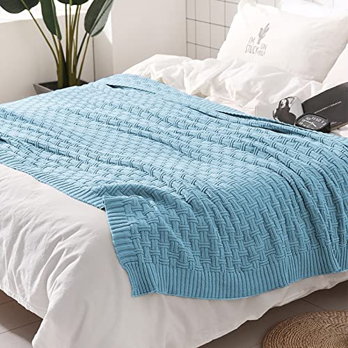 Image of TREELY 100% Cotton Knitted Throw Blanket 31 x 40 Inches, Teal Blue