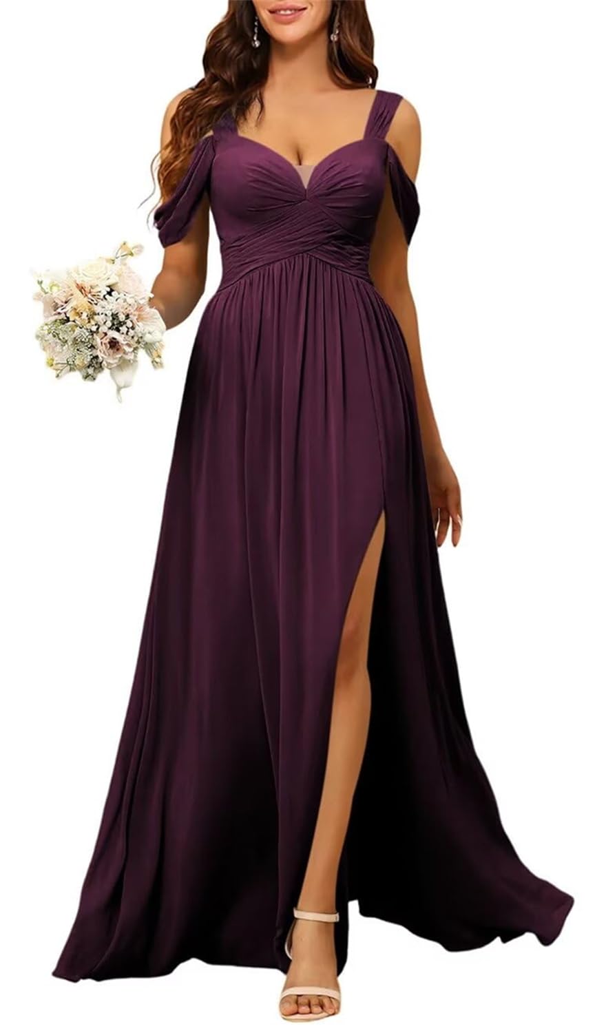 Yiann Women's Plum Bridesmaid Dresses For With Slit Chiffon A Line Cold Shoulder Formal Wedding Guest Dress Uk16