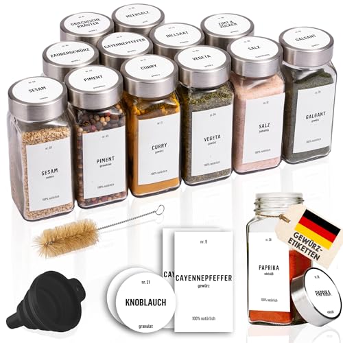 Deco haus® Gewürzgläser eckig luftdicht 12er Set [inkl. Etiketten & Streueinsatz] - Gewürzdosen...