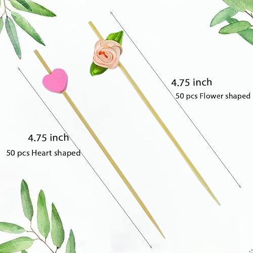 Miniatura 5 de Paquete de 100 palillos de dientes elegantes para aperitivos de 4.7 pulgadas de largo, palillos de cóctel de bambú de 4.7 pulgadas de largo, corazón