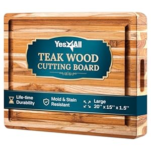 Yes4All Durable Teak Cutting Boards for Kitchen, [20”L x 15”W x 1.5” Thick] Large Edge Grain Cutting Board, Pre Oiled Wood Cutting Boards, Thick Chopping Board w/Juice Grooves and Easy Grip Handle