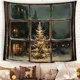 MNASAIOO Vintage Christmas Tree Lights Wall Tapestry Hanging for Bedroom, Winter Night Window Scene Banner Tapestries, Rustic Farmhouse Nostalgic Cozy Wall Decor for Holiday Living Room Home 50x60in
