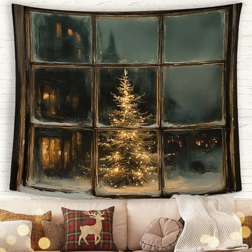 MNASAIOO Vintage Christmas Tree Lights Wall Tapestry Hanging for Bedroom, Winter Night Window Scene Banner Tapestries, Rustic Farmhouse Nostalgic Cozy Wall Decor for Holiday Living Room Home 50x60in