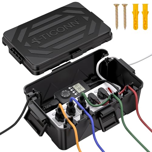 TICONN Outdoor Electrical Box, IP54 Splash-Proof Outdoor Extension Cord Cover, Protects Power Strip, Plug, Socket, Timer, Holiday Lights (Black, Large)