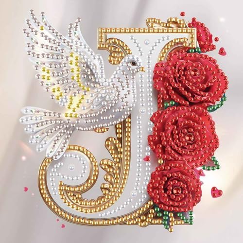 Image of AiYuanzsh 5D Diamond Art Kits for Adults Letter J, Joyful Floral Rose & Dove Special Shape Diamond Painting for Beginners, DIY Initial Diamond Art Craft for Home Wall Decoration 17x17cm