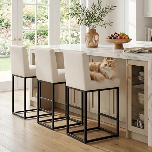 Image of HNY Modern Counter Height Bar Stools Set of 3, Linen Fabric Upholstered Bar Stool with Backs, 27 Inch Kitchen Island Stools with Black Metal Frame, Cream