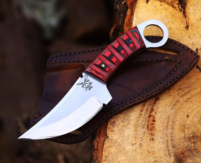 Fixed Blade Stainless Steel Outdoor Knife With Pancake Leather Sheath, 8'' Full Tang Bushcraft Survival, Non-Slip Wooden Handle, Camping (Stainless Steel)