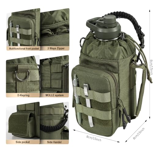 Image of ONETIGRIS Tactical Half Gallon Water Bottle with Straw - 64 oz Vacuum Insulated Stainless Steel Water Jug, Leakproof Sport Bottle with 3 BPA Free Lids, Paracord Handle & MOLLE Water Pouch for Outdoor